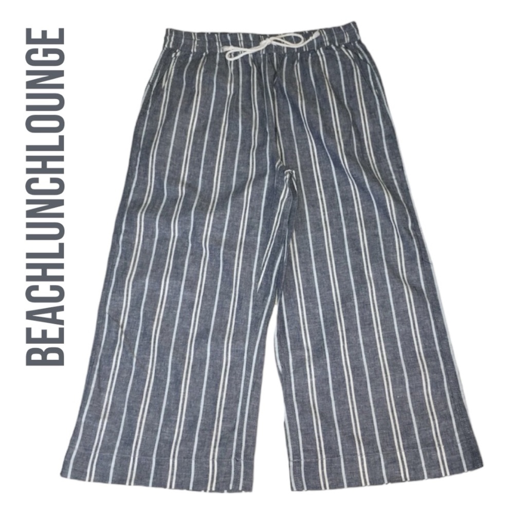 BeachLunchLounge Linen Blend Margot Blue Striped Cropped Pants - Women’s Small